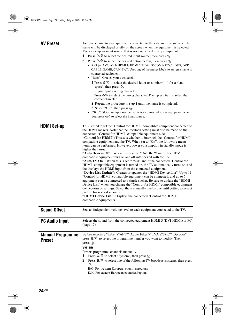 Av preset, Hdmi set-up, Sound offset | Pc audio input, Manual programme preset | Sony BRAVIA KDL-26V42xx User Manual | Page 24 / 31