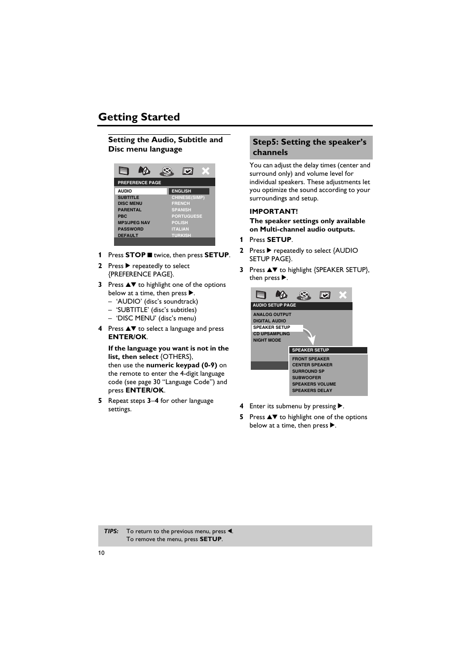 Setting the audio, subtitle and disc menu language, Step5: setting the speaker’s channels, Setting the speaker’s channels | Getting started | Sony DV-C6770 User Manual | Page 14 / 40