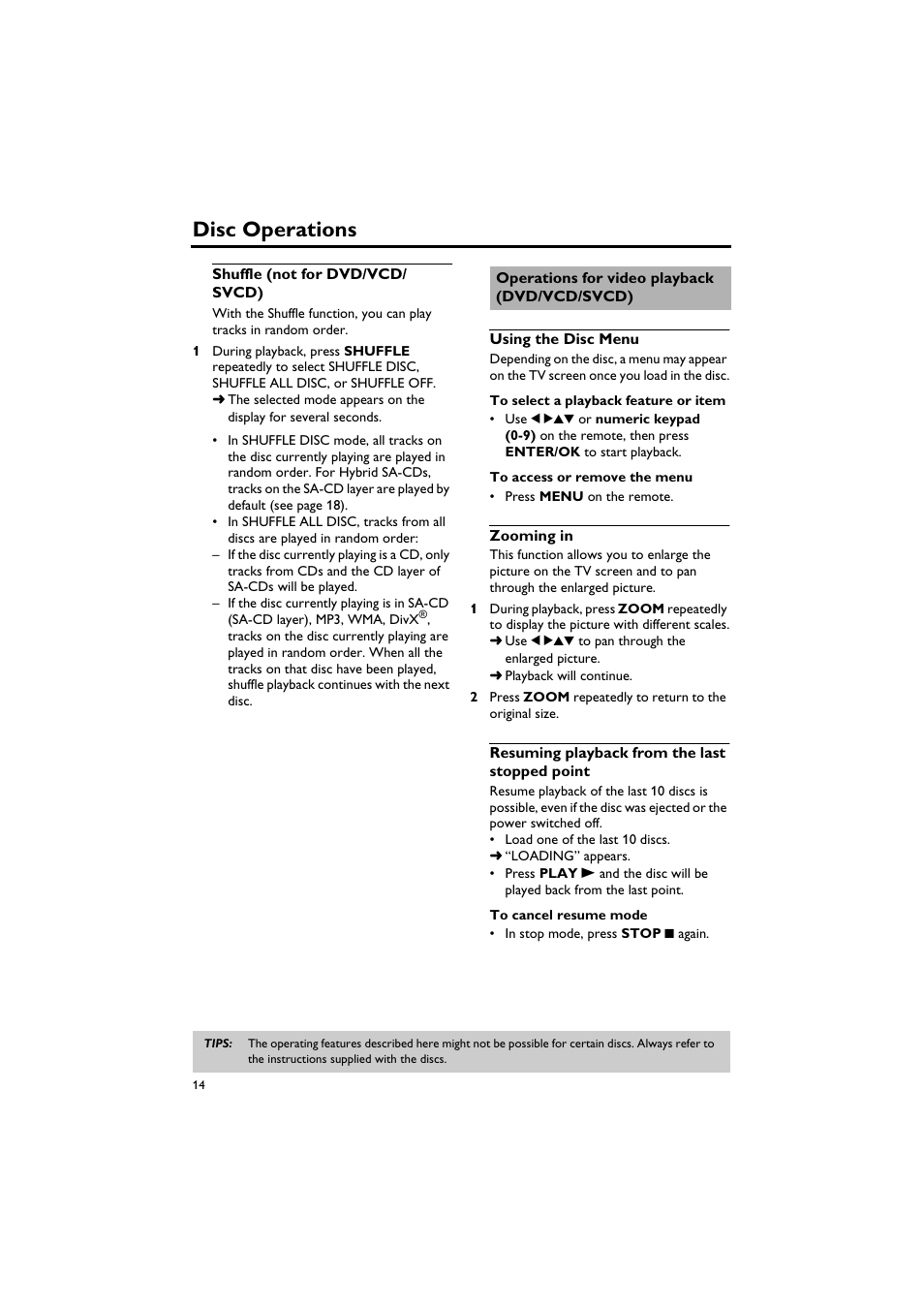 Shuffle (not for dvd/vcd/ svcd), Operations for video playback (dvd/vcd/svcd), Using the disc menu | Zooming in, Resuming playback from the last stopped point, Shuffle (not for dvd/vcd/svcd), Disc operations | Sony DV-C6770 User Manual | Page 18 / 40