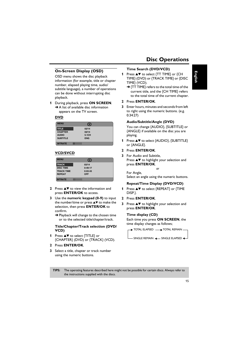 On-screen display (osd), Disc operations | Sony DV-C6770 User Manual | Page 19 / 40