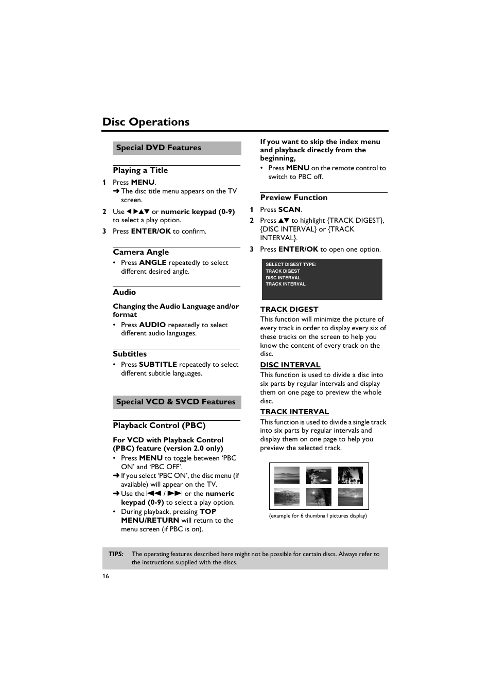 Special dvd features, Playing a title, Camera angle | Audio, Subtitles, Special vcd & svcd features, Playback control (pbc), Preview function, Playing a title camera angle audio subtitles, Playback control (pbc) preview function | Sony DV-C6770 User Manual | Page 20 / 40