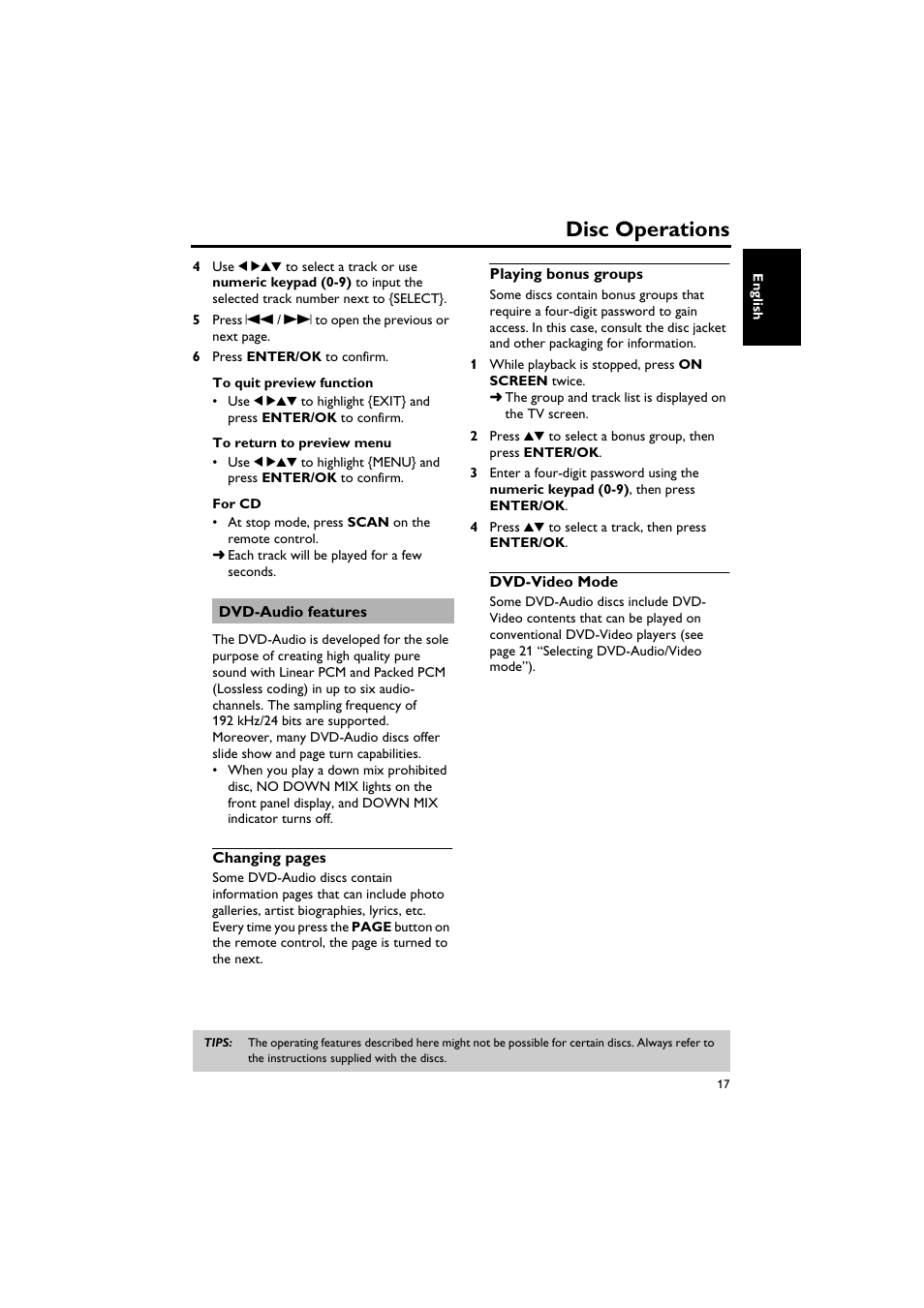 Dvd-audio features, Playing bonus groups, Dvd-video mode | Disc operations | Sony DV-C6770 User Manual | Page 21 / 40