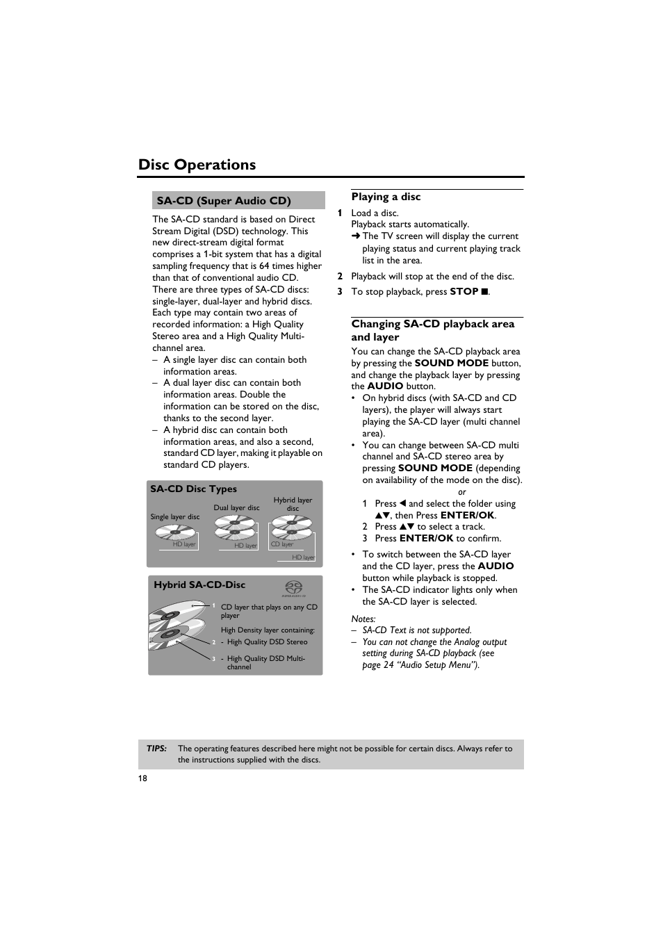 Sa-cd (super audio cd), Playing a disc, Changing sa-cd playback area and layer | Disc operations | Sony DV-C6770 User Manual | Page 22 / 40