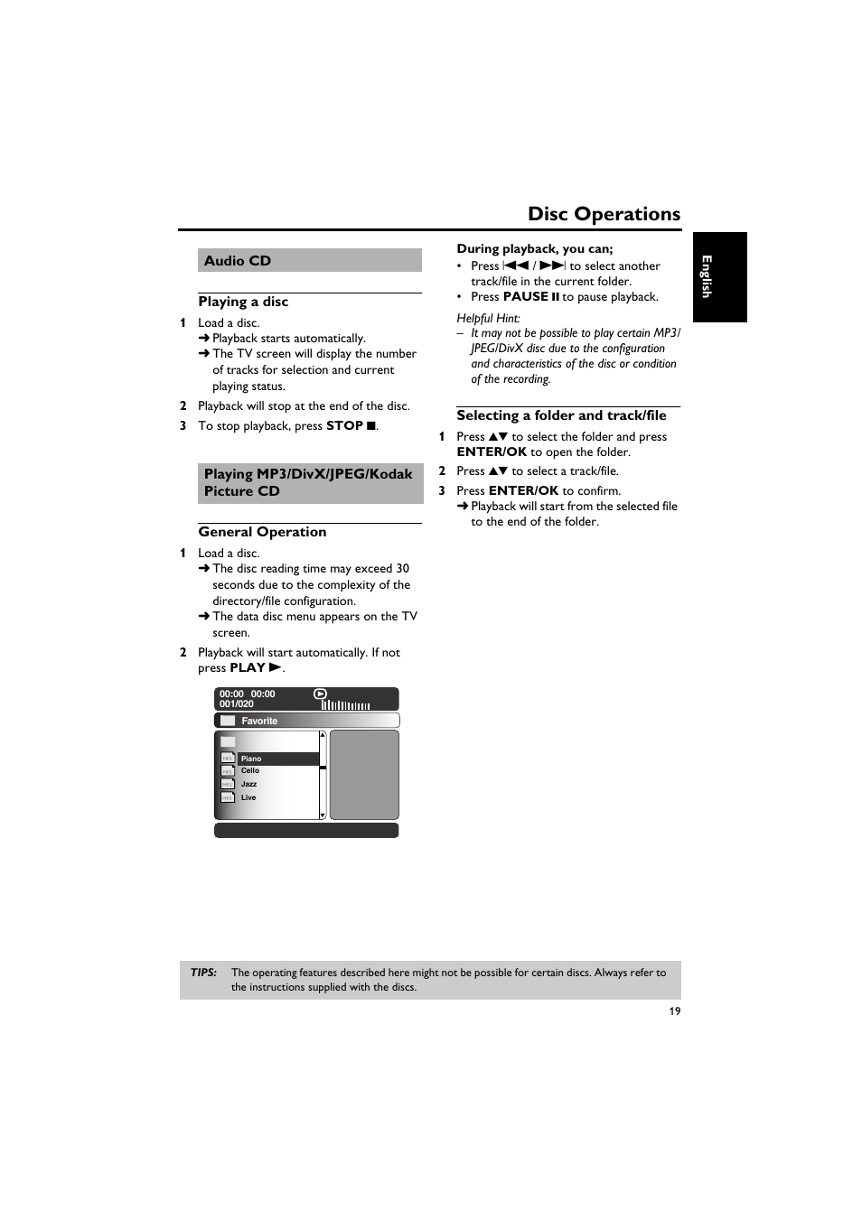 Audio cd, Playing a disc, Playing mp3/divx/jpeg/kodak picture cd | General operation, Selecting a folder and track/file, Disc operations | Sony DV-C6770 User Manual | Page 23 / 40