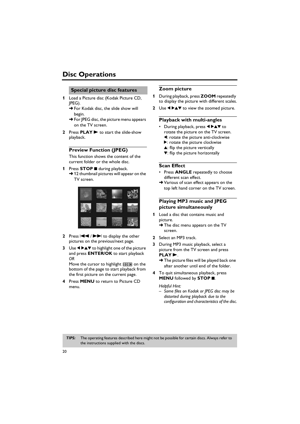 Special picture disc features, Preview function (jpeg), Zoom picture | Playback with multi-angles, Scan effect, Playing mp3 music and jpeg picture simultaneously, Disc operations | Sony DV-C6770 User Manual | Page 24 / 40
