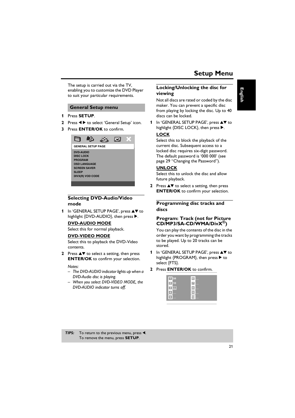 Setup menu, General setup menu, Selecting dvd-audio/video mode | Locking/unlocking the disc for viewing, Programming disc tracks and discs | Sony DV-C6770 User Manual | Page 25 / 40