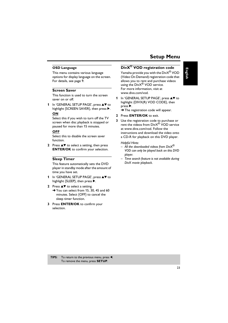 Osd language, Screen saver, Sleep timer | Divx® vod registration code, Osd language screen saver sleep timer divx, Vod registration code, Setup menu | Sony DV-C6770 User Manual | Page 27 / 40