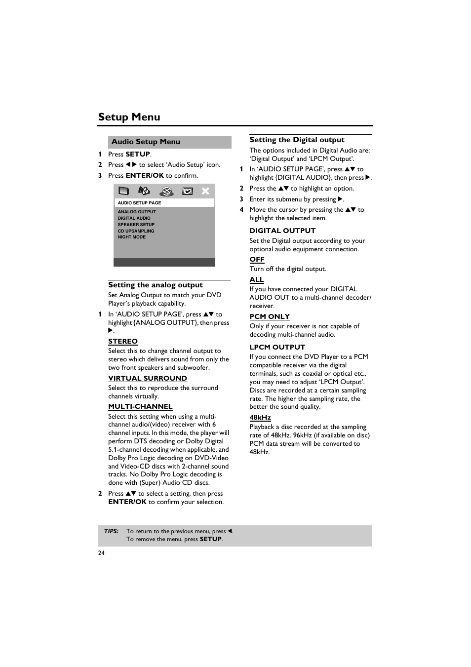 Audio setup menu, Setting the analog output, Setting the digital output | Setup menu | Sony DV-C6770 User Manual | Page 28 / 40