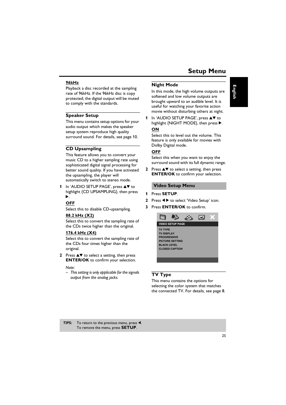 Speaker setup, Cd upsampling, Night mode | Video setup menu, Tv type, Speaker setup cd upsampling night mode, Setup menu | Sony DV-C6770 User Manual | Page 29 / 40