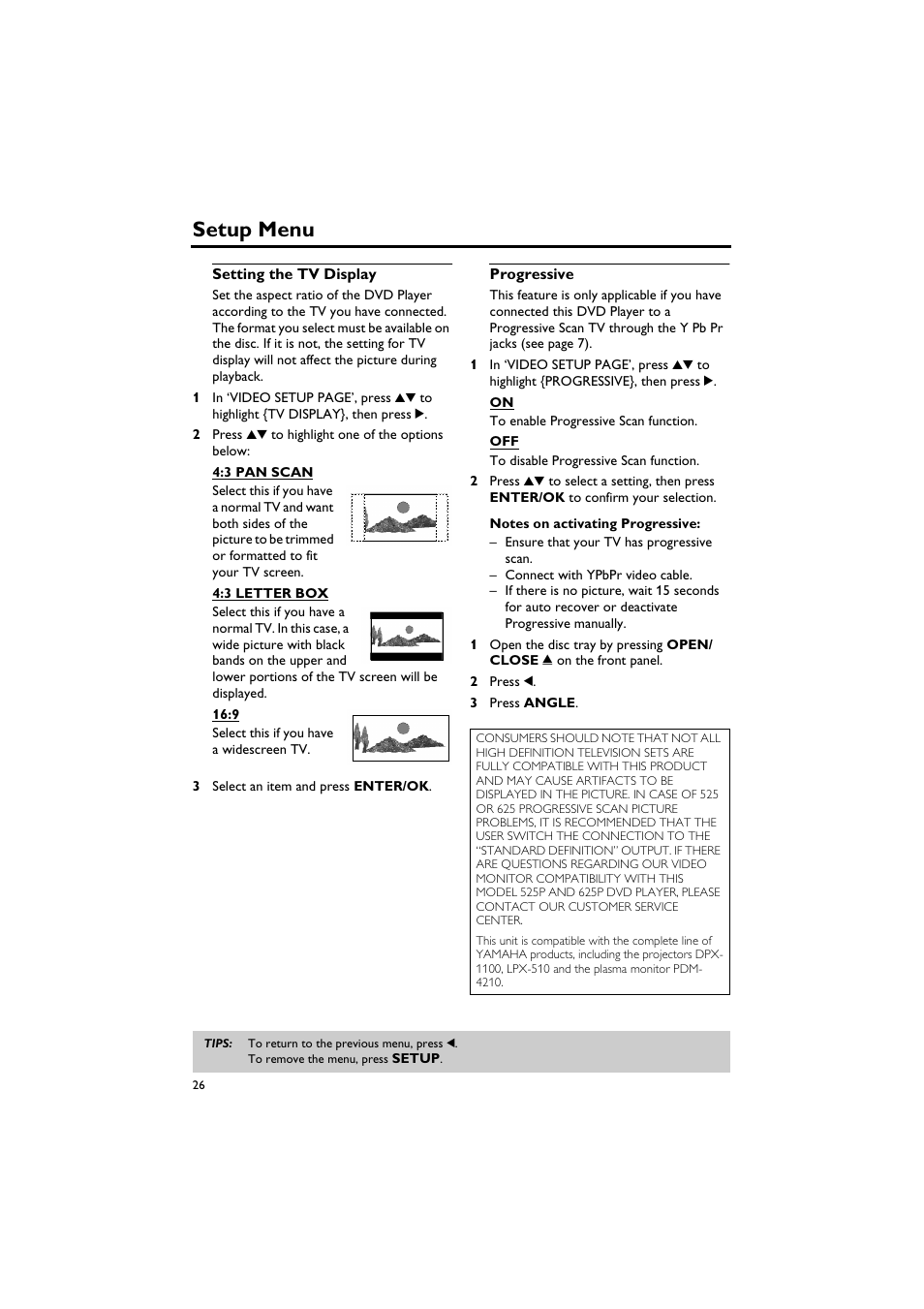 Setting the tv display, Progressive, Setting the tv display progressive | Setup menu | Sony DV-C6770 User Manual | Page 30 / 40