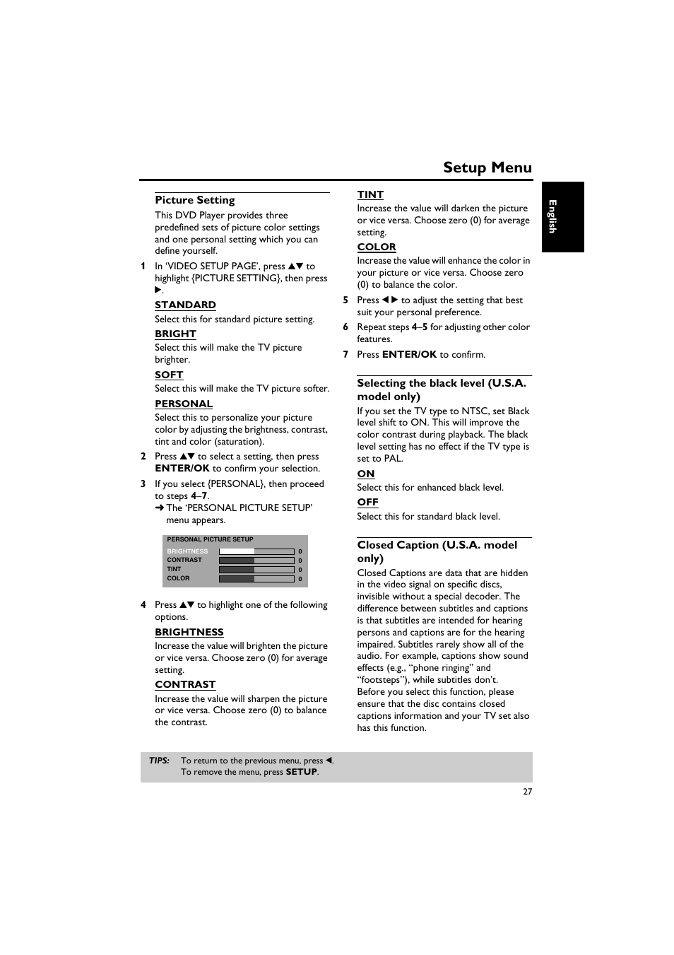 Picture setting, Selecting the black level (u.s.a. model only), Closed caption (u.s.a. model only) | Setup menu | Sony DV-C6770 User Manual | Page 31 / 40