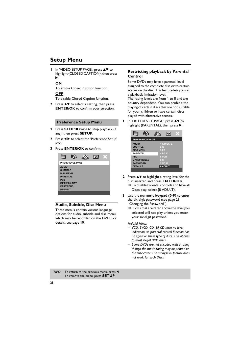 Preference setup menu, Audio, subtitle, disc menu, Restricting playback by parental control | Setup menu | Sony DV-C6770 User Manual | Page 32 / 40