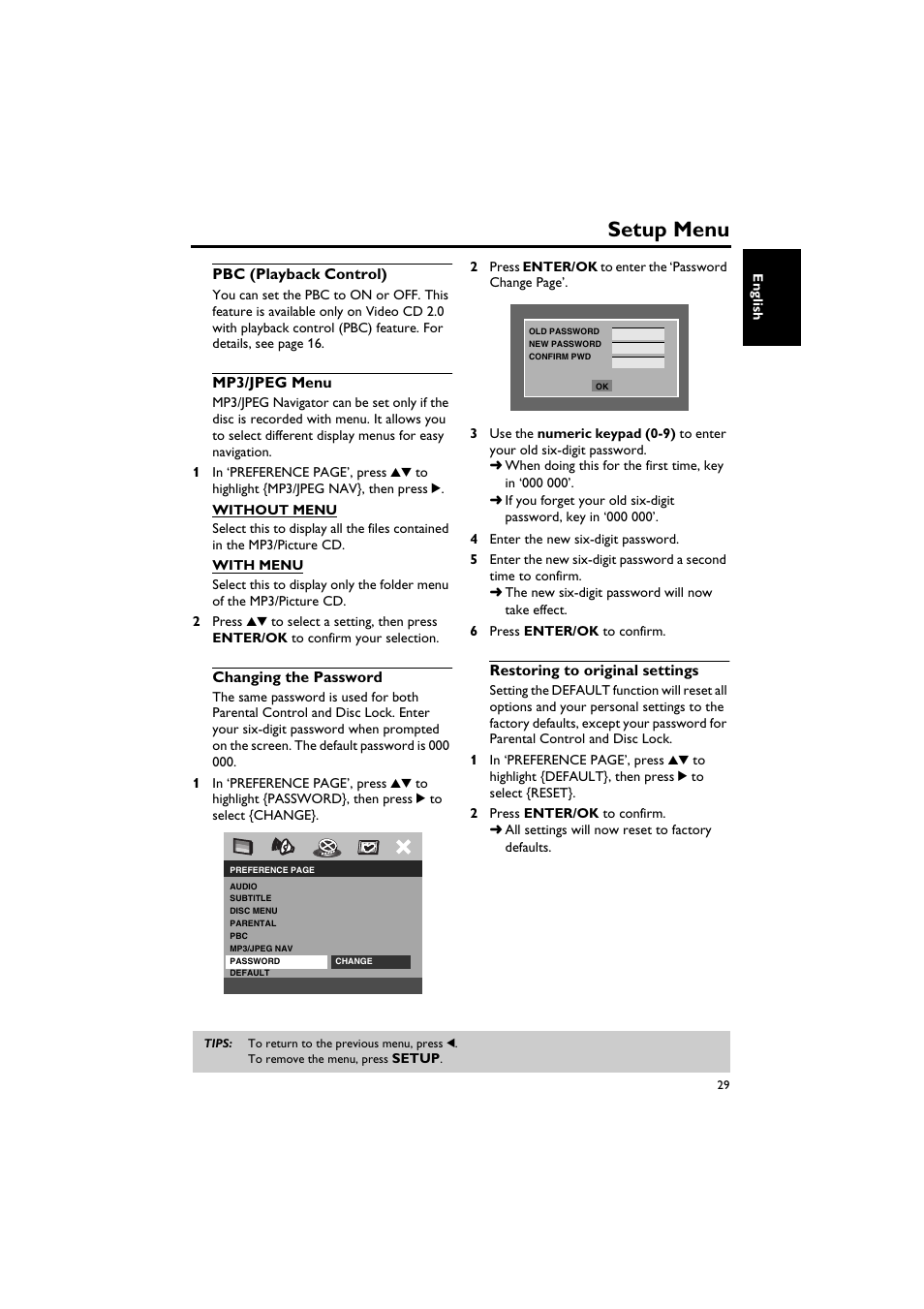 Pbc (playback control), Mp3/jpeg menu, Changing the password | Restoring to original settings, Setup menu | Sony DV-C6770 User Manual | Page 33 / 40