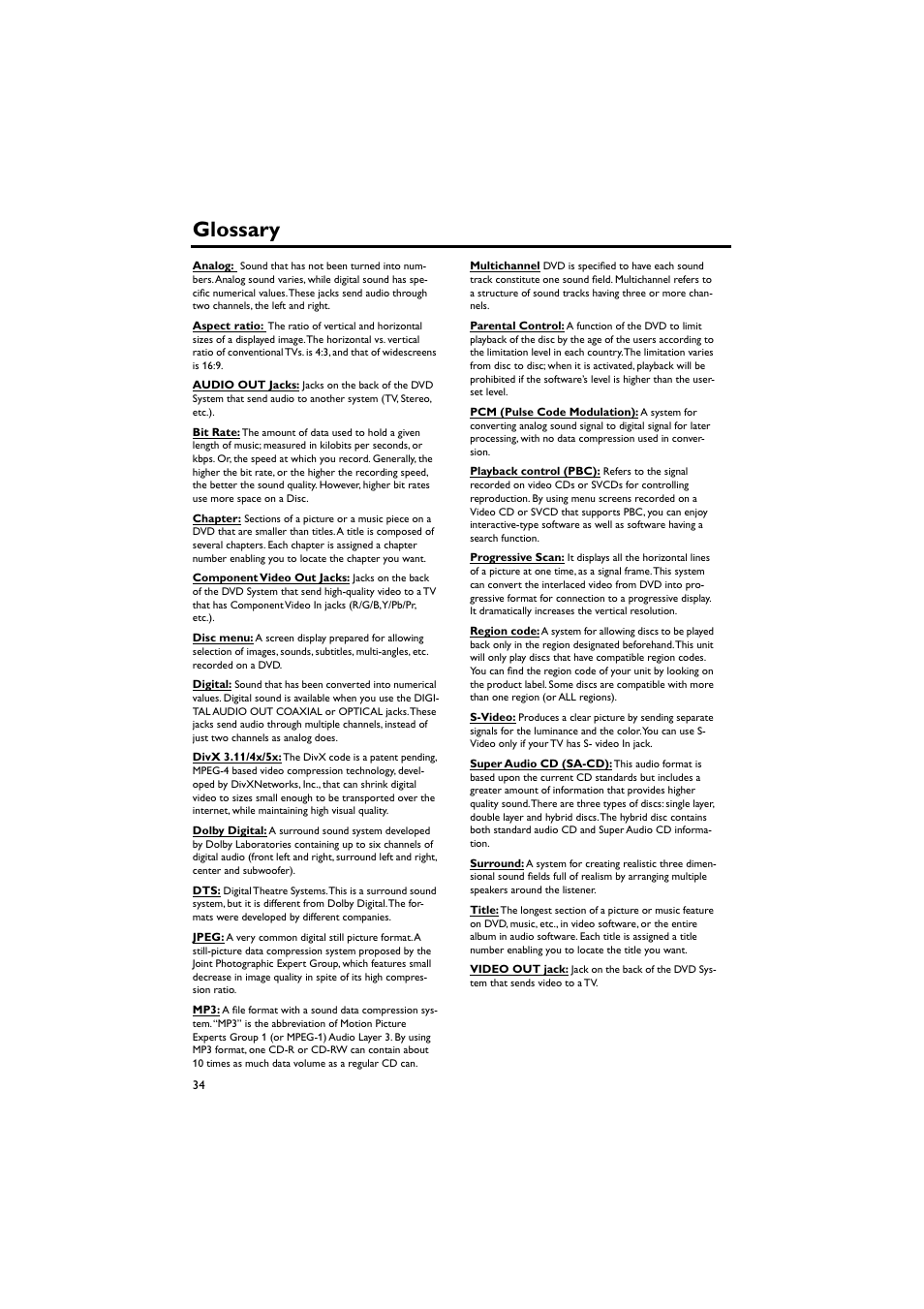 Glossary | Sony DV-C6770 User Manual | Page 38 / 40