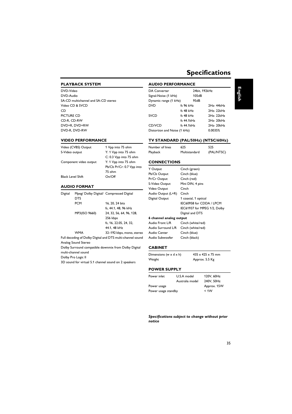 Specifications | Sony DV-C6770 User Manual | Page 39 / 40