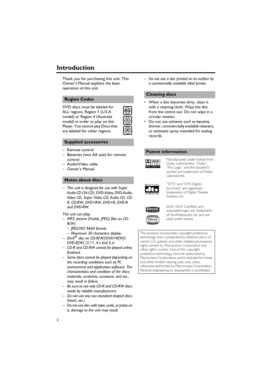 Introduction, Region codes, Supplied accessories | Notes about discs, Cleaning discs, Patent information | Sony DV-C6770 User Manual | Page 6 / 40