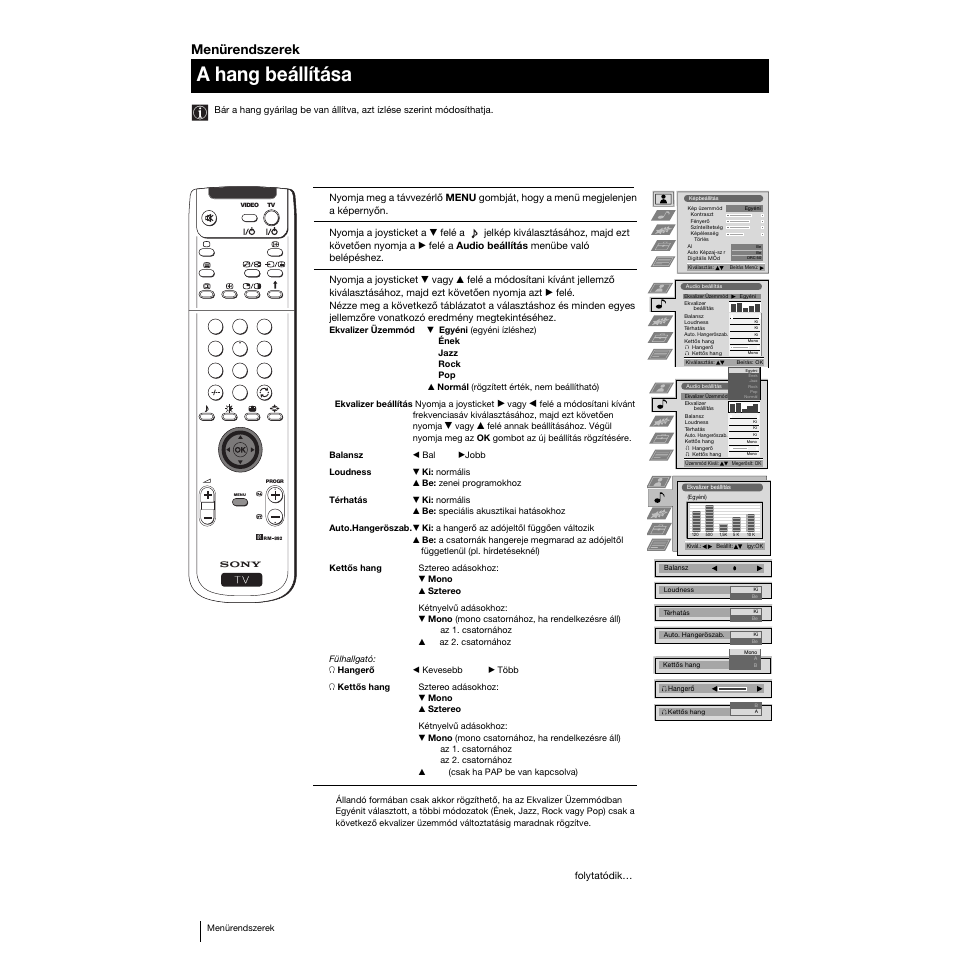 A hang beállítása, Menürendszerek | Sony KP-53PS1K User Manual | Page 104 / 187