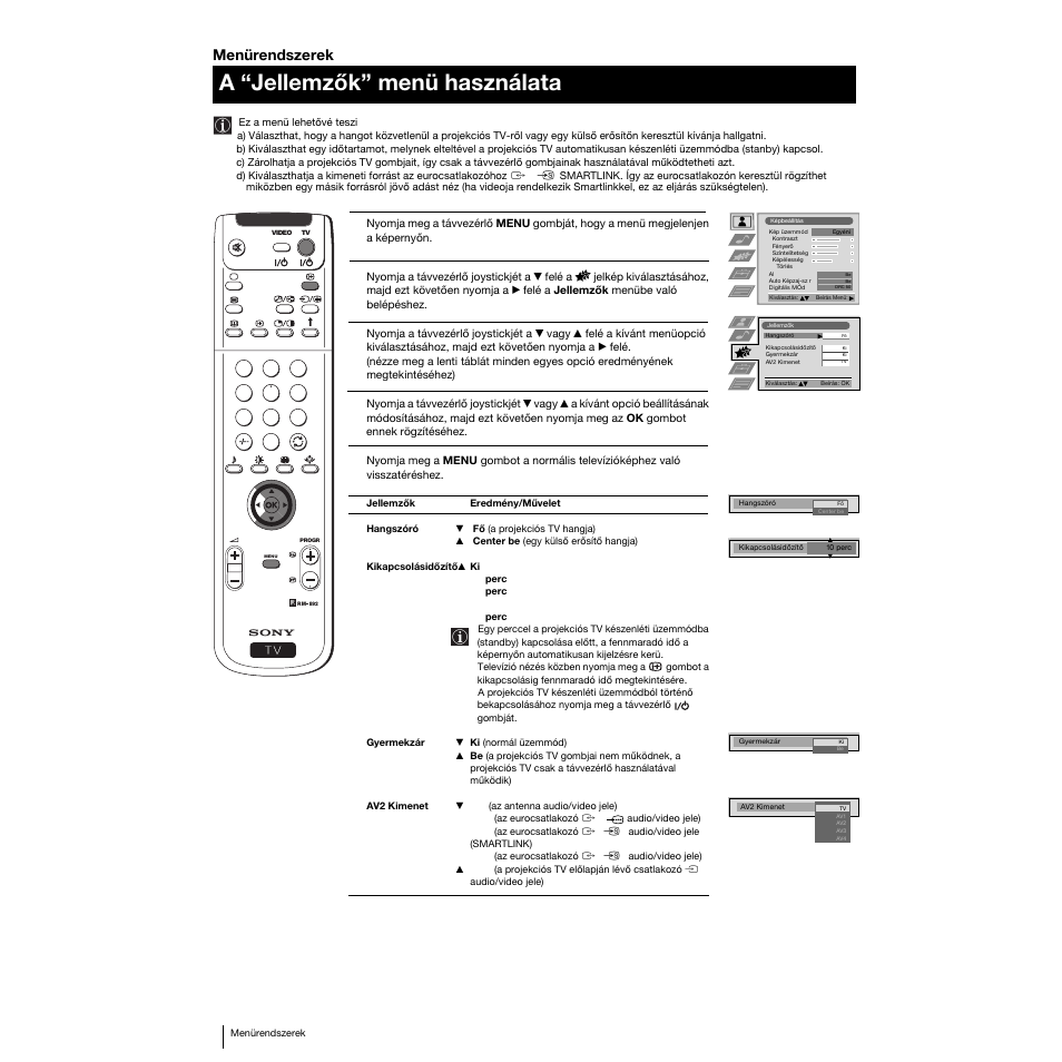 A “jellemzők” menü használata, Menürendszerek | Sony KP-53PS1K User Manual | Page 106 / 187