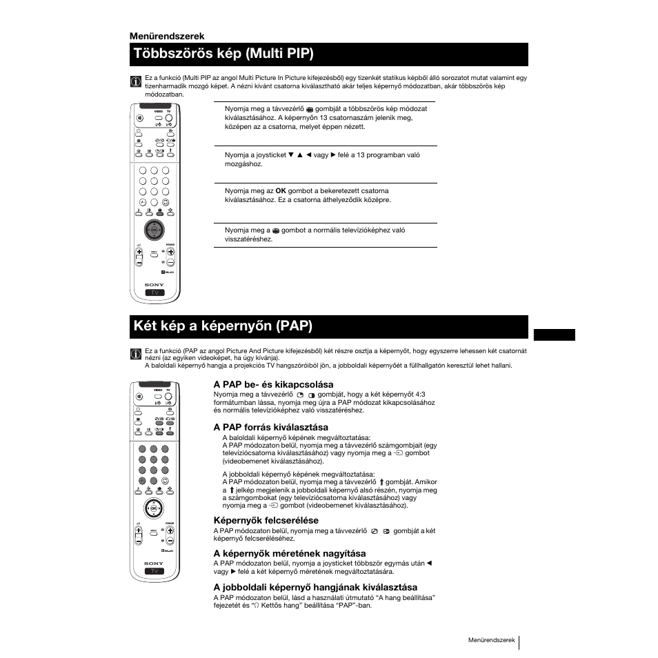 Többszörös kép (multi pip), Két kép a képernyőn (pap) | Sony KP-53PS1K User Manual | Page 115 / 187