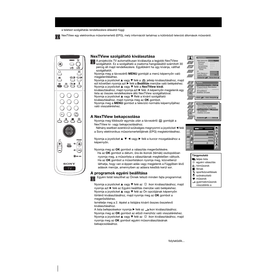 Nextview, Nextview szolgáltató kiválasztása, A nextview bekapcsolása | A programok egyéni beállítása | Sony KP-53PS1K User Manual | Page 118 / 187