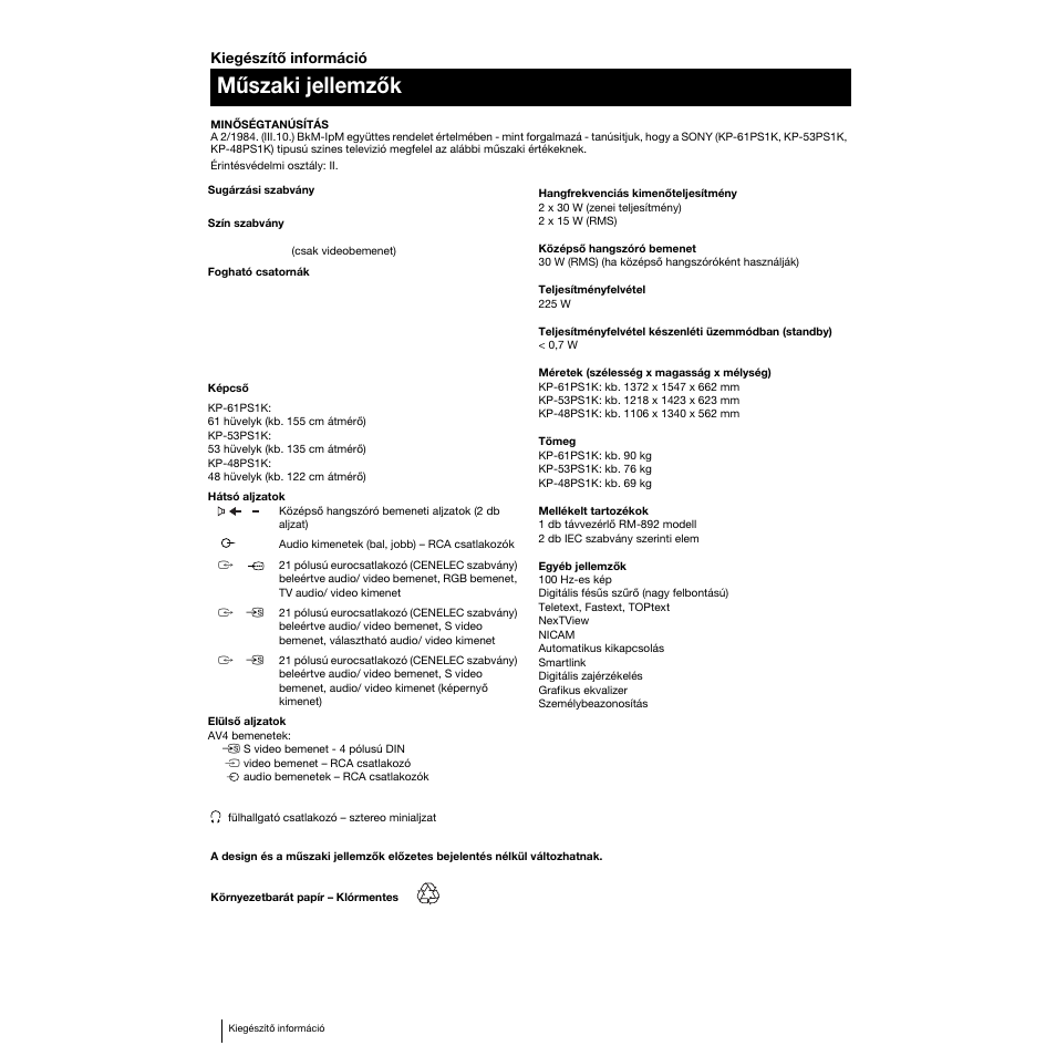 Műszaki jellemzők | Sony KP-53PS1K User Manual | Page 124 / 187