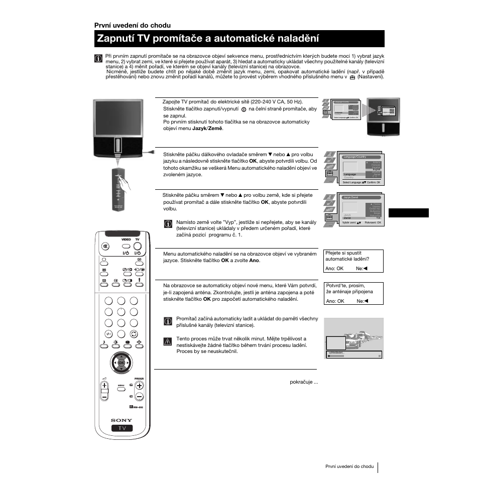 Zapnutí tv promítače a automatické naladění, 39 cz první uvedení do chodu | Sony KP-53PS1K User Manual | Page 37 / 187