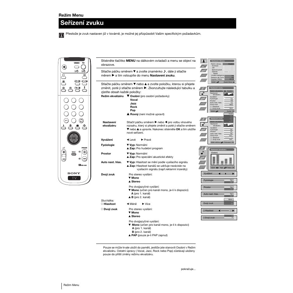 Seřízení zvuku, Režim menu | Sony KP-53PS1K User Manual | Page 42 / 187