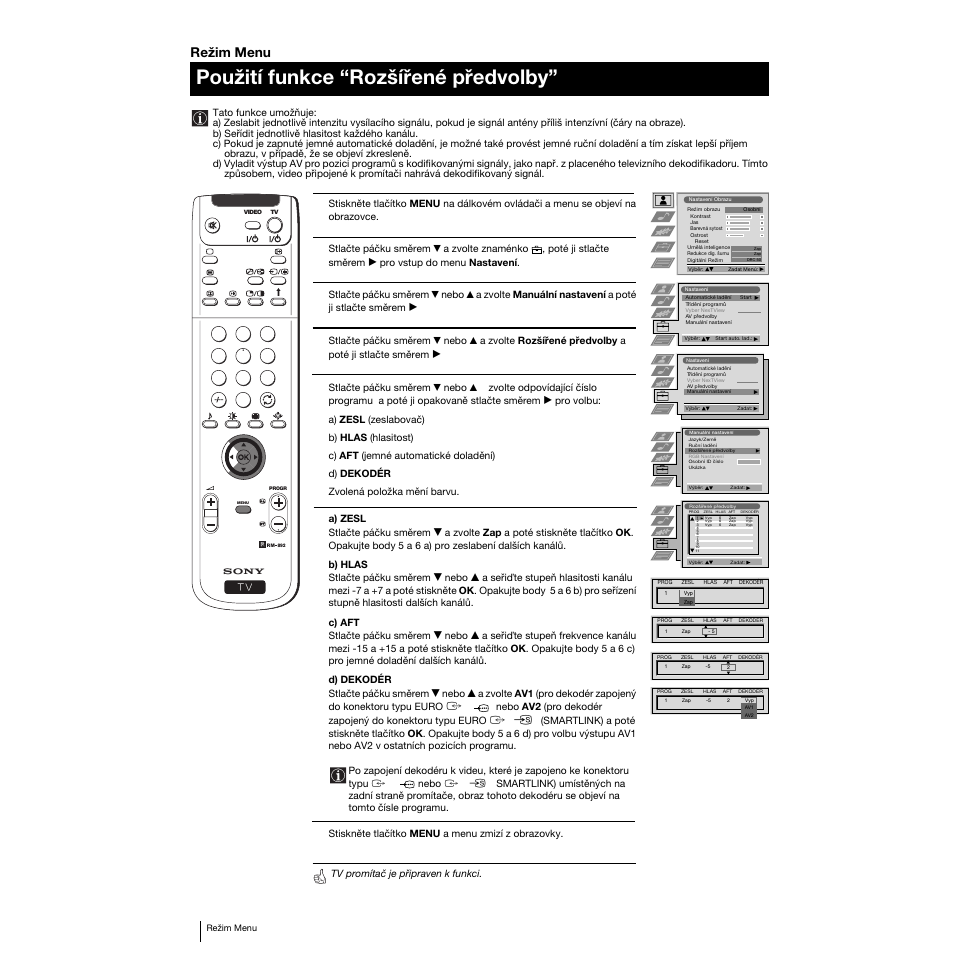 Použití funkce “rozšířené předvolby, Režim menu, 2/q2 | Sony KP-53PS1K User Manual | Page 48 / 187