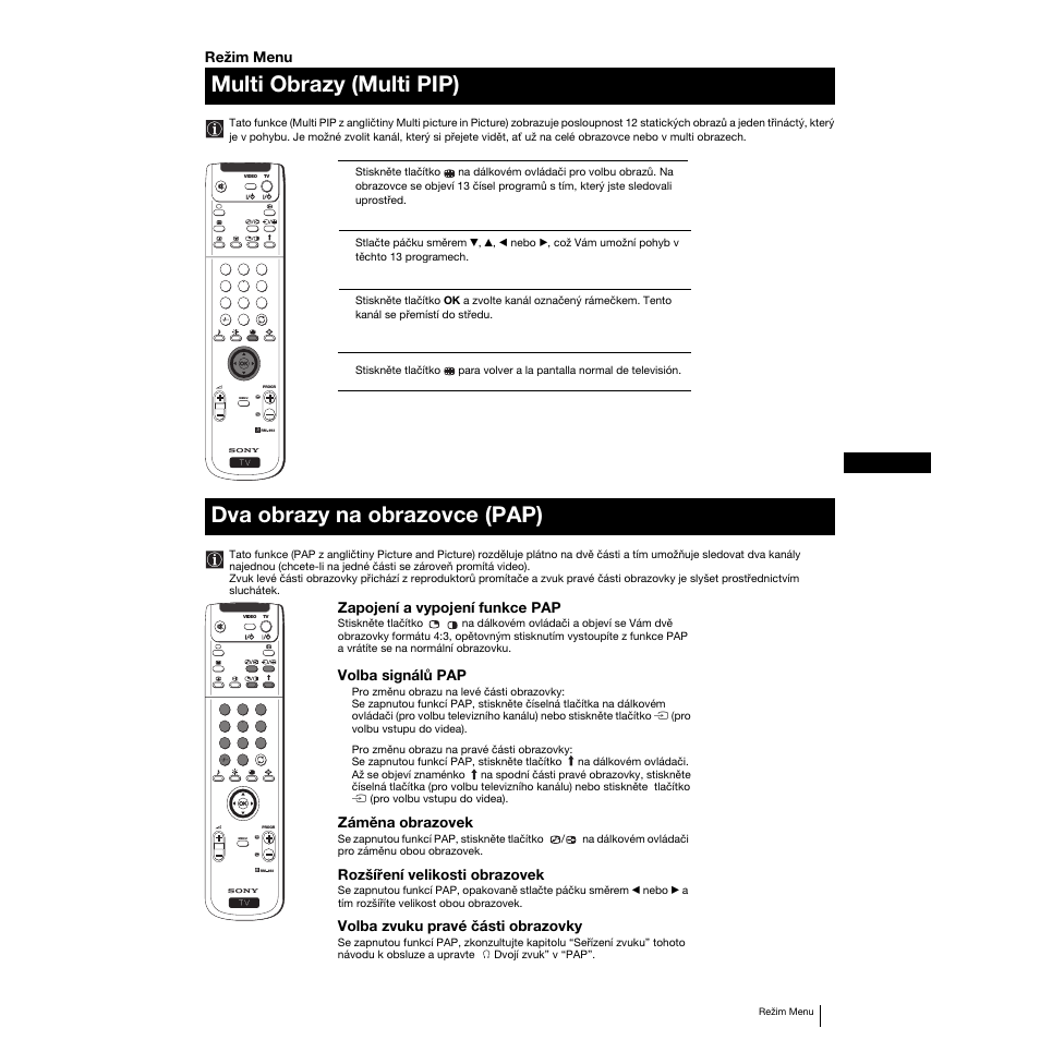 Multi obrazy (multi pip), Dva obrazy na obrazovce (pap) | Sony KP-53PS1K User Manual | Page 53 / 187