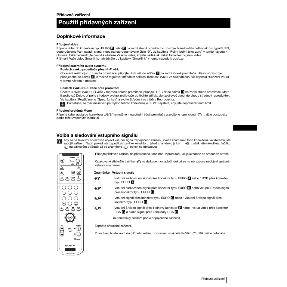 Použití přídavných zařízení, Doplňkové informace, Volba a sledování vstupního signálu | Sony KP-53PS1K User Manual | Page 59 / 187