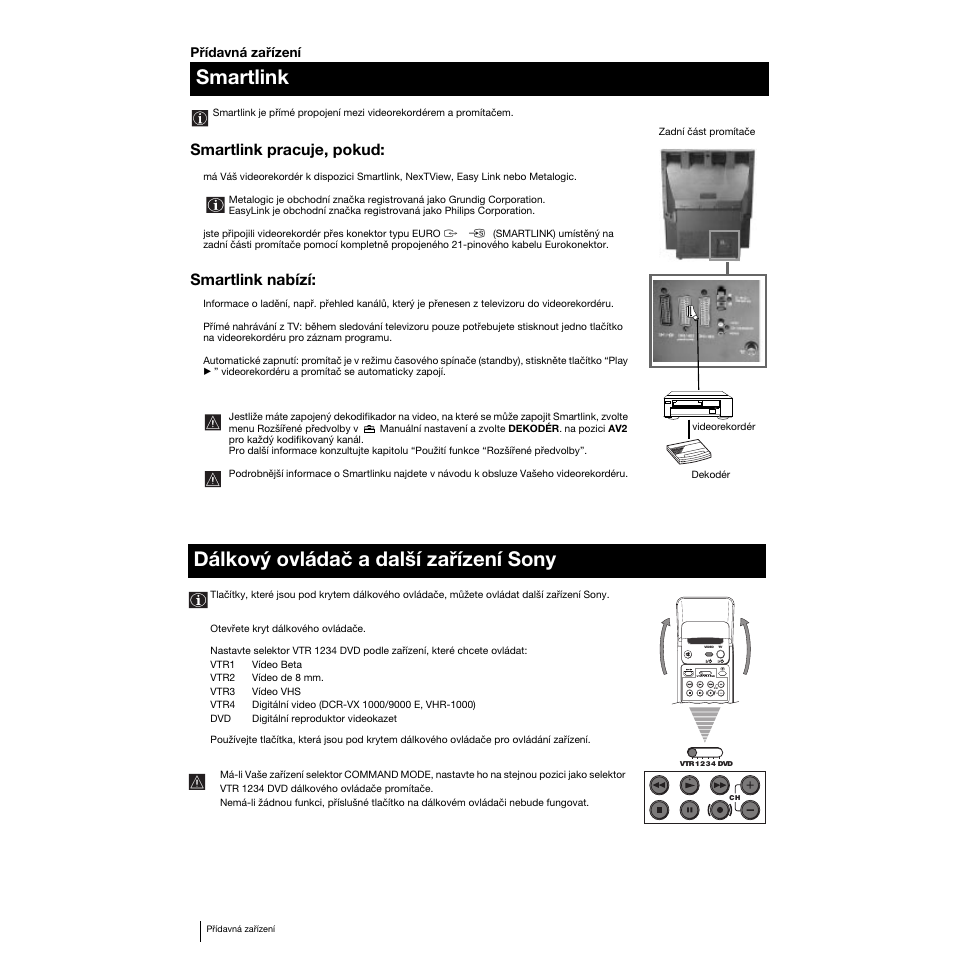 Smartlink, Dálkový ovládač a další zařízení sony, Smartlink pracuje, pokud | Smartlink nabízí | Sony KP-53PS1K User Manual | Page 60 / 187