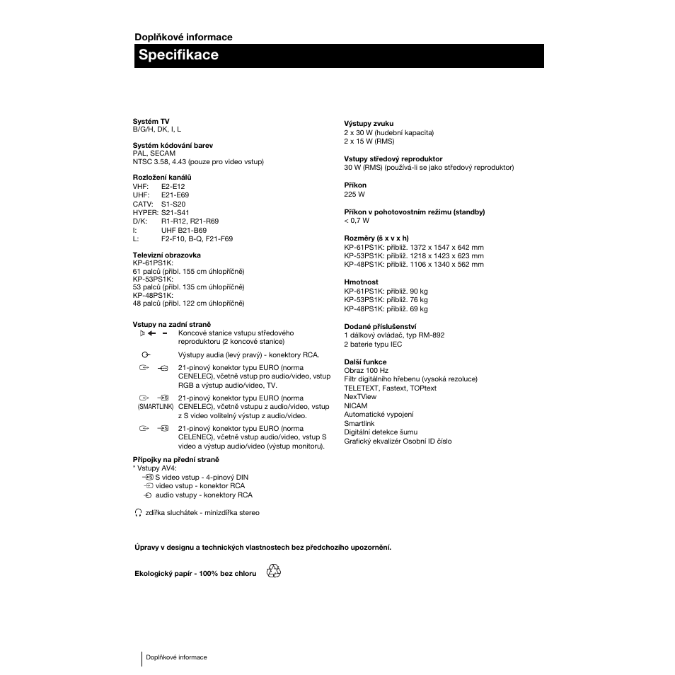 Specifikace | Sony KP-53PS1K User Manual | Page 62 / 187