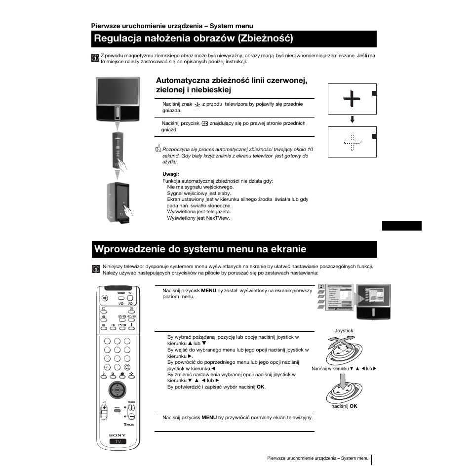Regulacja nałożenia obrazów (zbieżność), Wprowadzenie do systemu menu na ekranie | Sony KP-53PS1K User Manual | Page 70 / 187