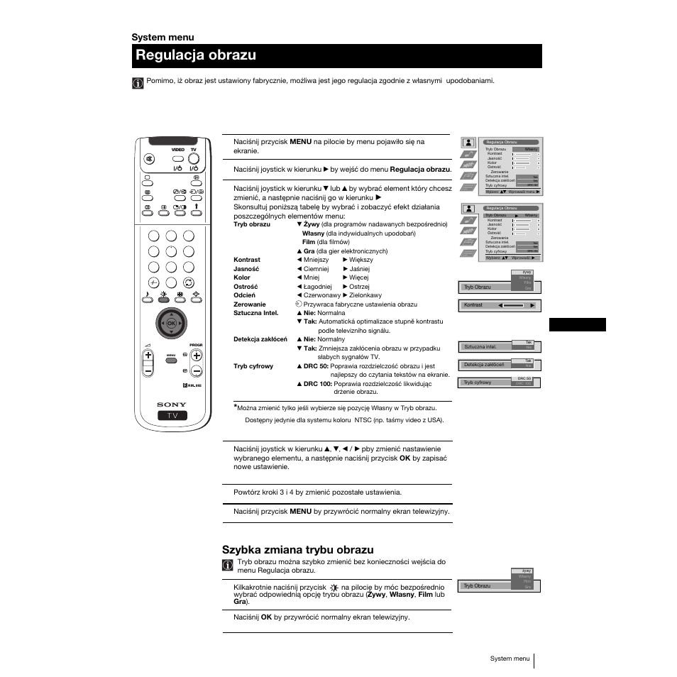 Regulacja obrazu, Szybka zmiana trybu obrazu, 75 pl | System menu | Sony KP-53PS1K User Manual | Page 72 / 187