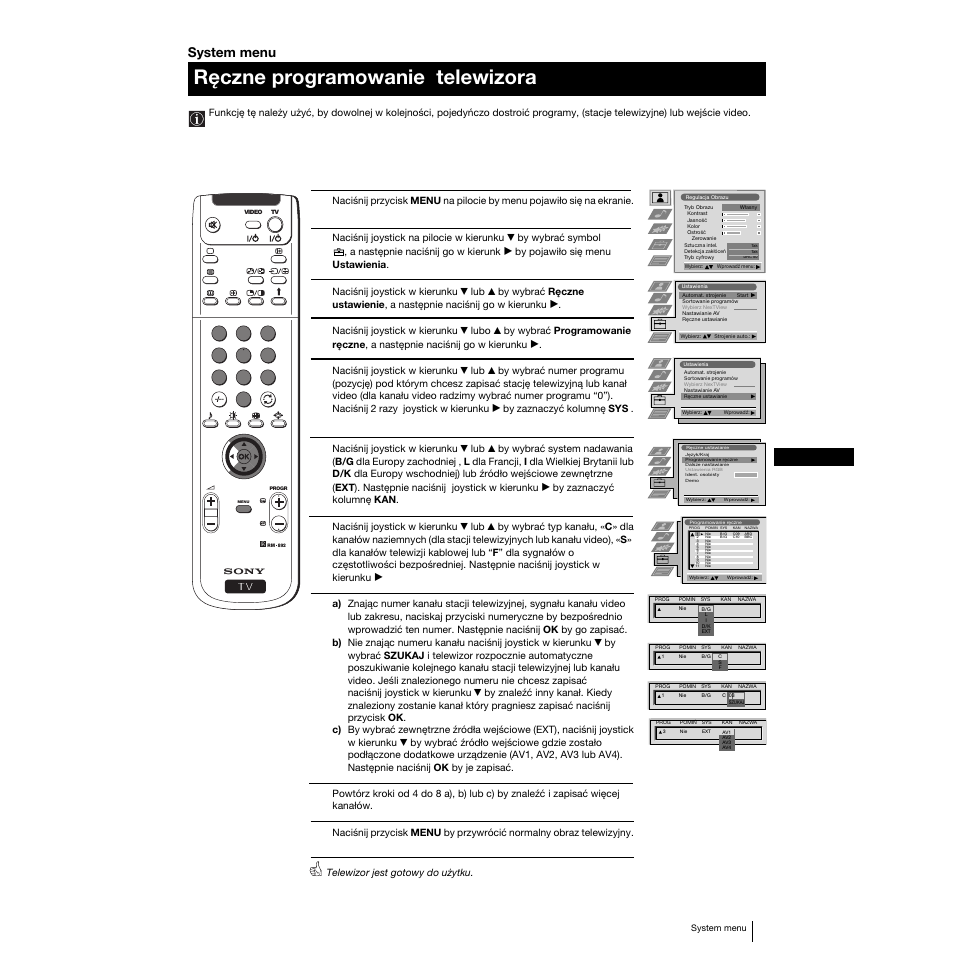 Ręczne programowanie telewizora, 79 pl, System menu | Sony KP-53PS1K User Manual | Page 76 / 187