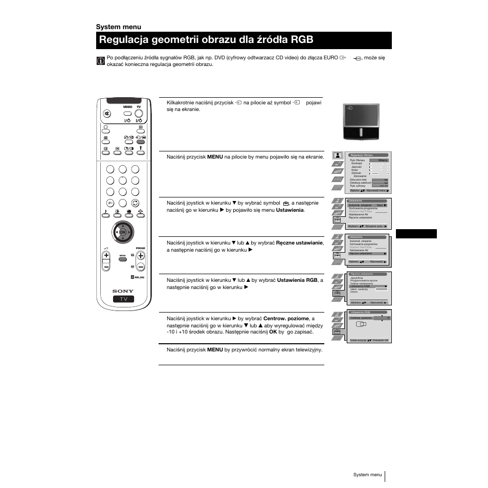 Regulacja geometrii obrazu dla źródła rgb | Sony KP-53PS1K User Manual | Page 82 / 187