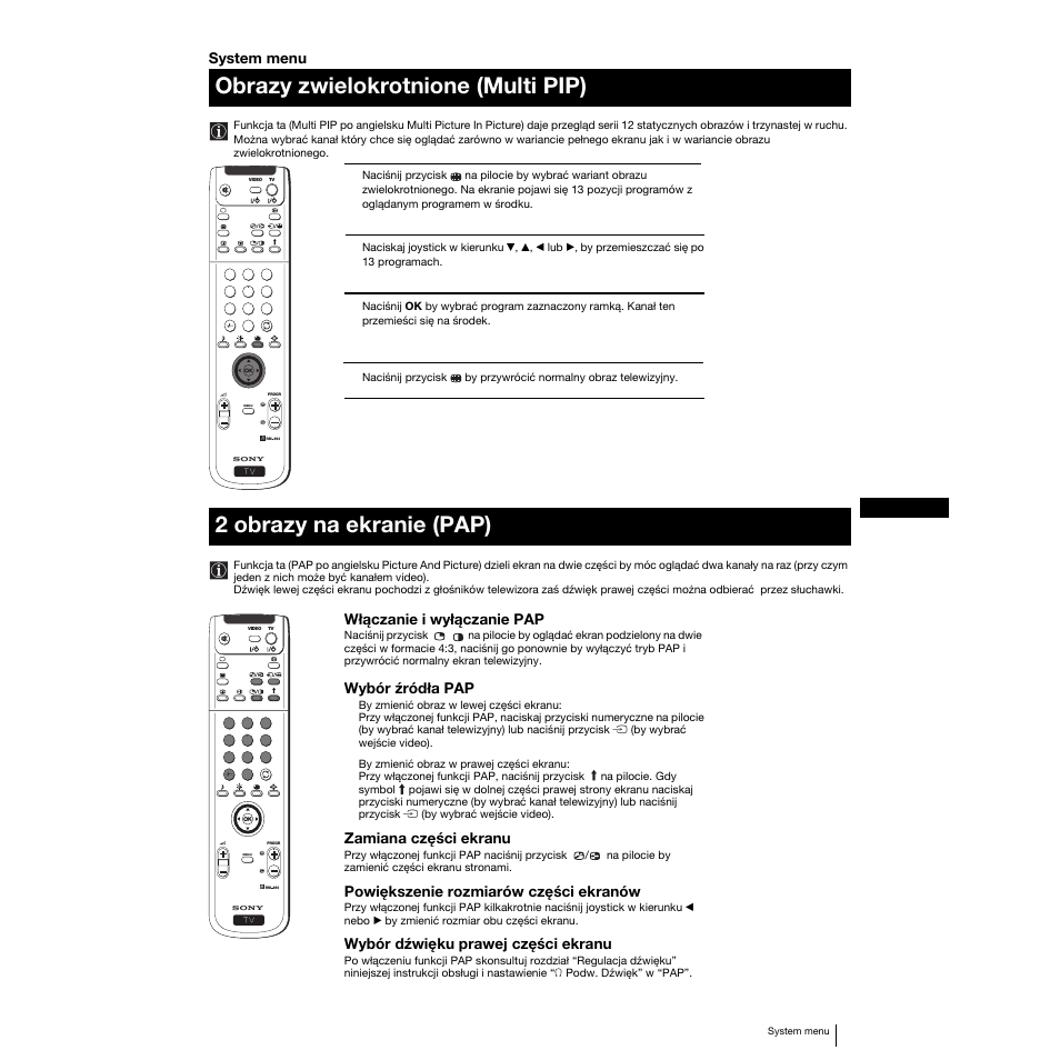 Obrazy zwielokrotnione (multi pip), 2 obrazy na ekranie (pap) | Sony KP-53PS1K User Manual | Page 84 / 187