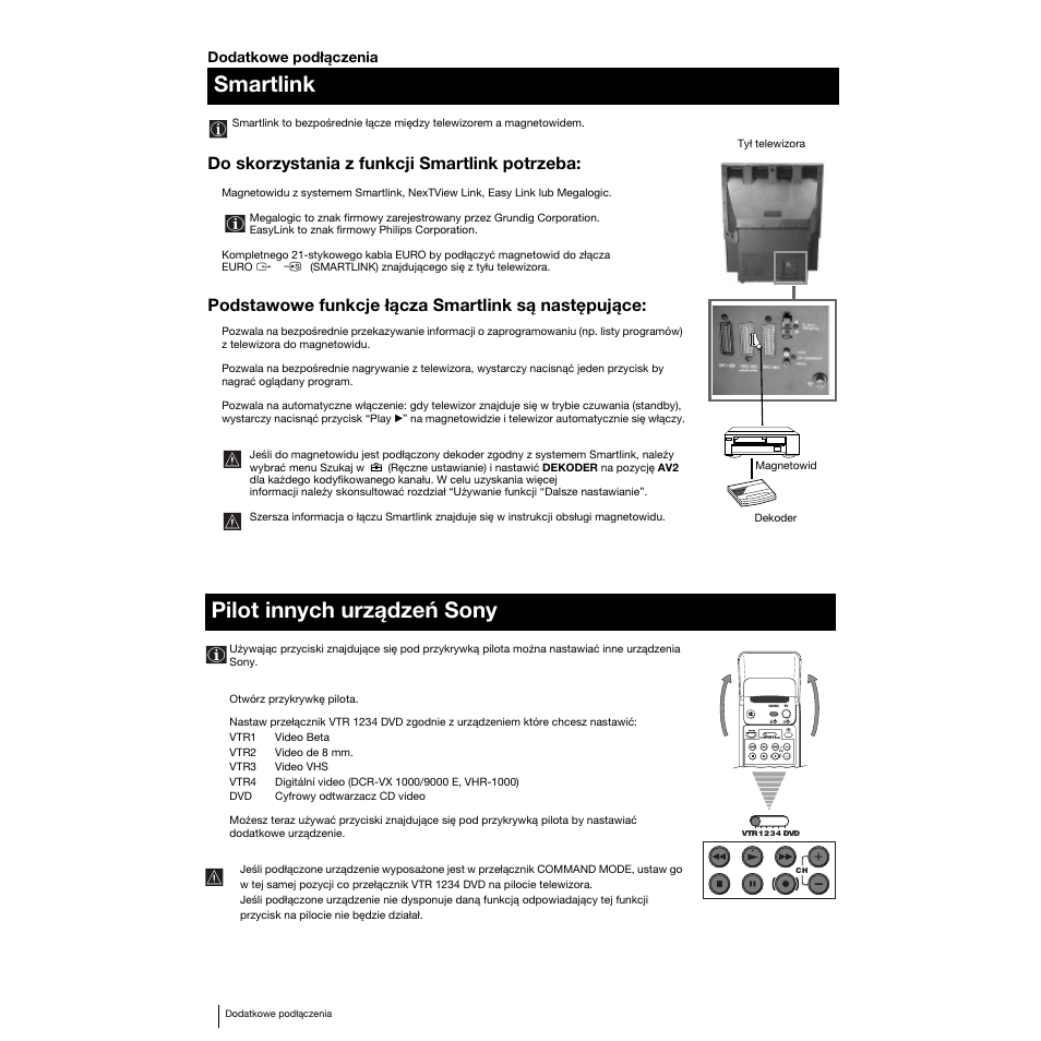 Smartlink, Pilot innych urządzeń sony, Do skorzystania z funkcji smartlink potrzeba | Podstawowe funkcje łącza smartlink są następujące | Sony KP-53PS1K User Manual | Page 91 / 187