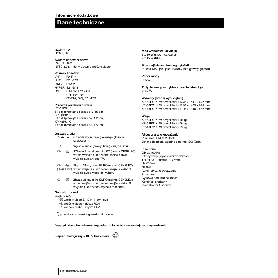 Dane techniczne | Sony KP-53PS1K User Manual | Page 93 / 187