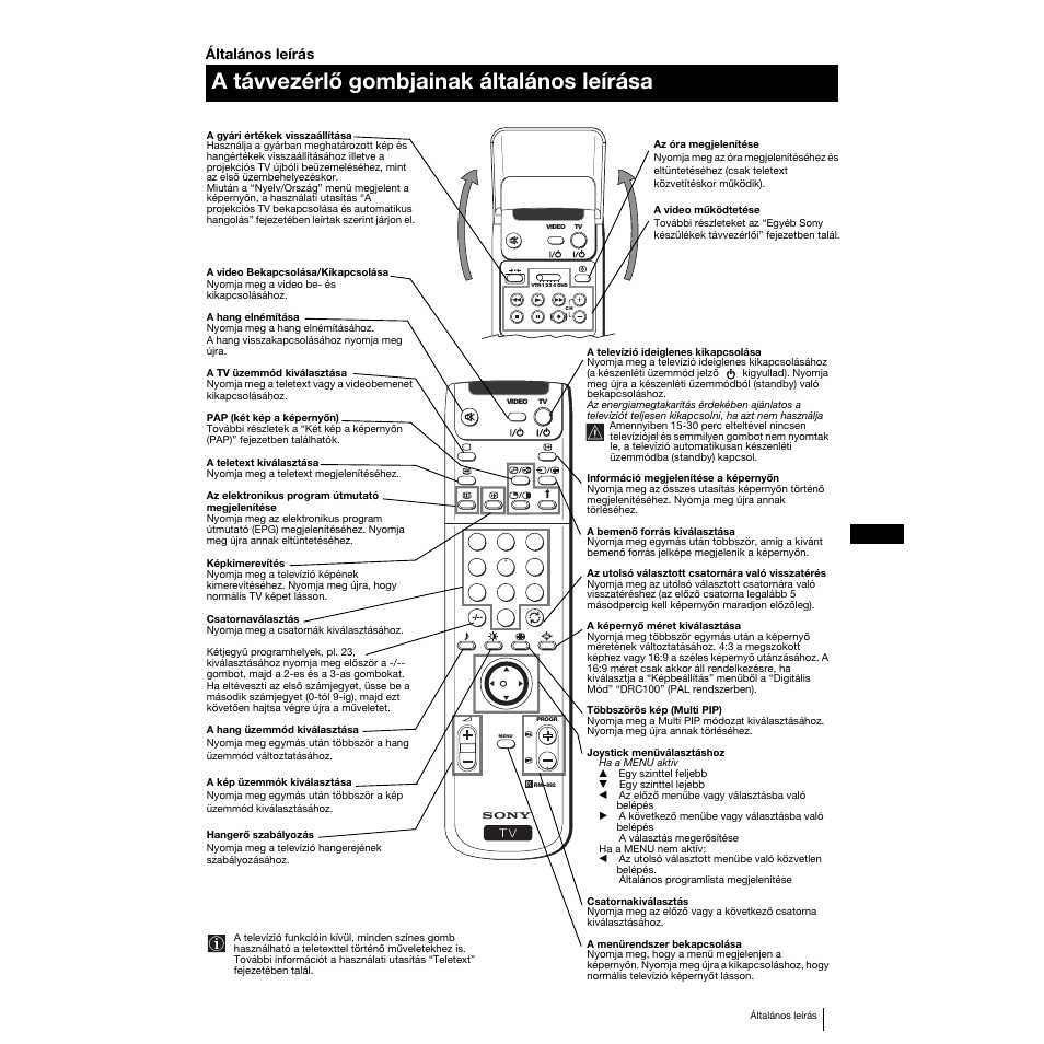 A távvezérlő gombjainak általános leírása | Sony KP-53PS1K User Manual | Page 97 / 187