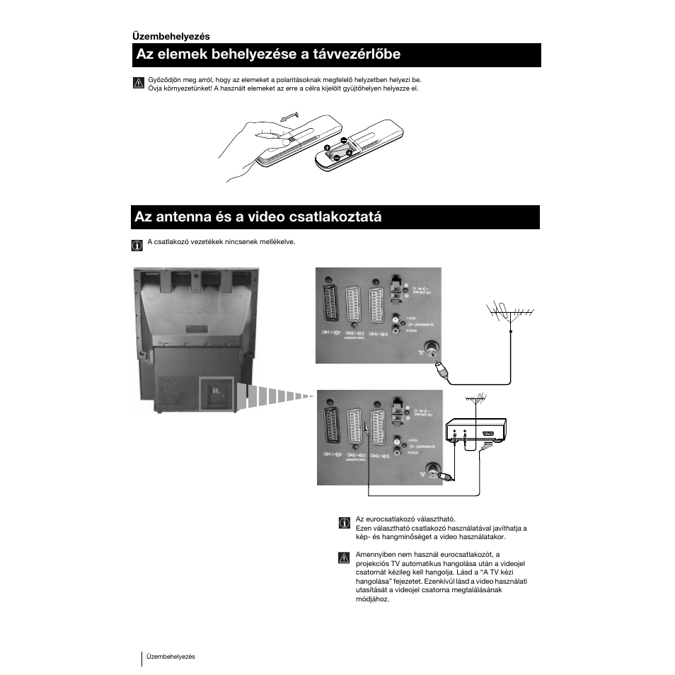 Az elemek behelyezése a távvezérlőbe, Az antenna és a video csatlakoztatá sa | Sony KP-53PS1K User Manual | Page 98 / 187