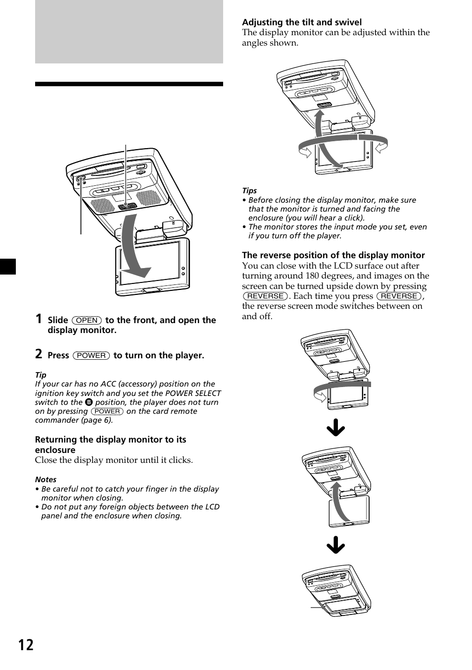 Operation for monitor, Opening the display monitor | Sony XVM-R90D User Manual | Page 12 / 140
