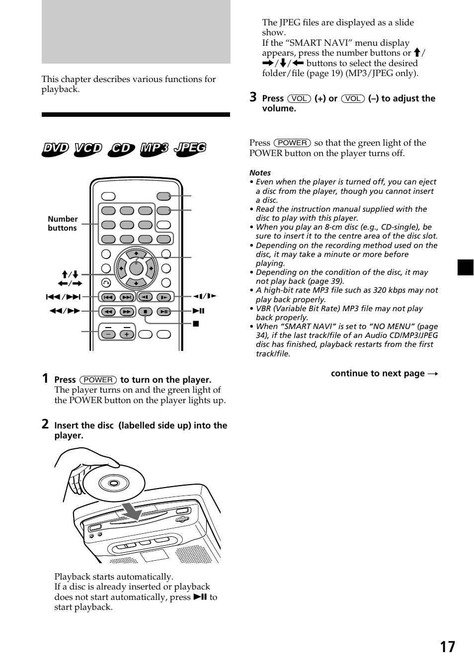 Various playback, Playing a disc, Press (vol) (+) or (vol) (–) to adjust the volume | Continue to next page t | Sony XVM-R90D User Manual | Page 17 / 140