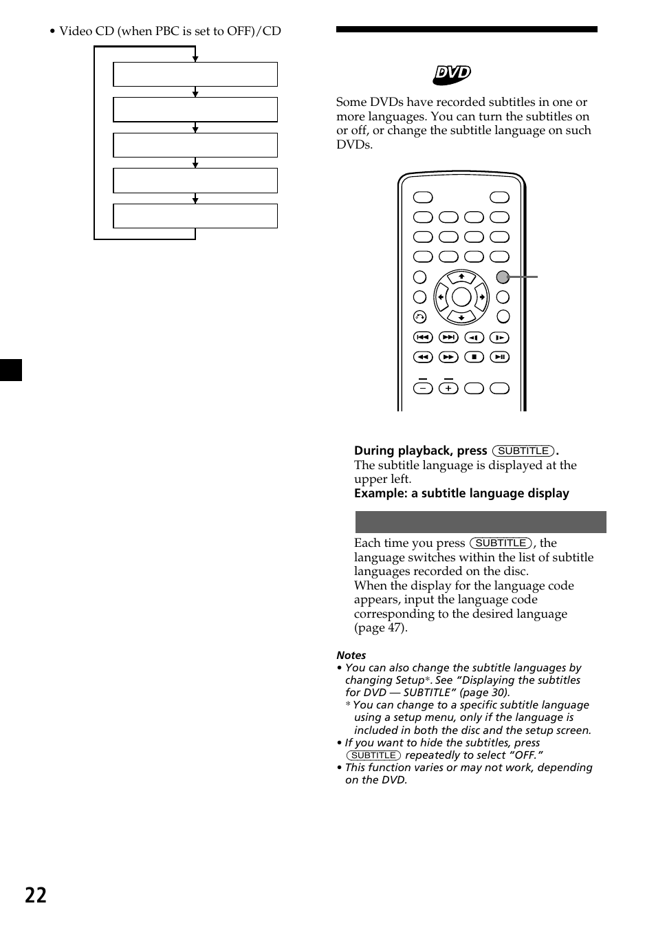 Changing the subtitle language, 22 changing the subtitle language, Video cd (when pbc is set to off)/cd | Sony XVM-R90D User Manual | Page 22 / 140