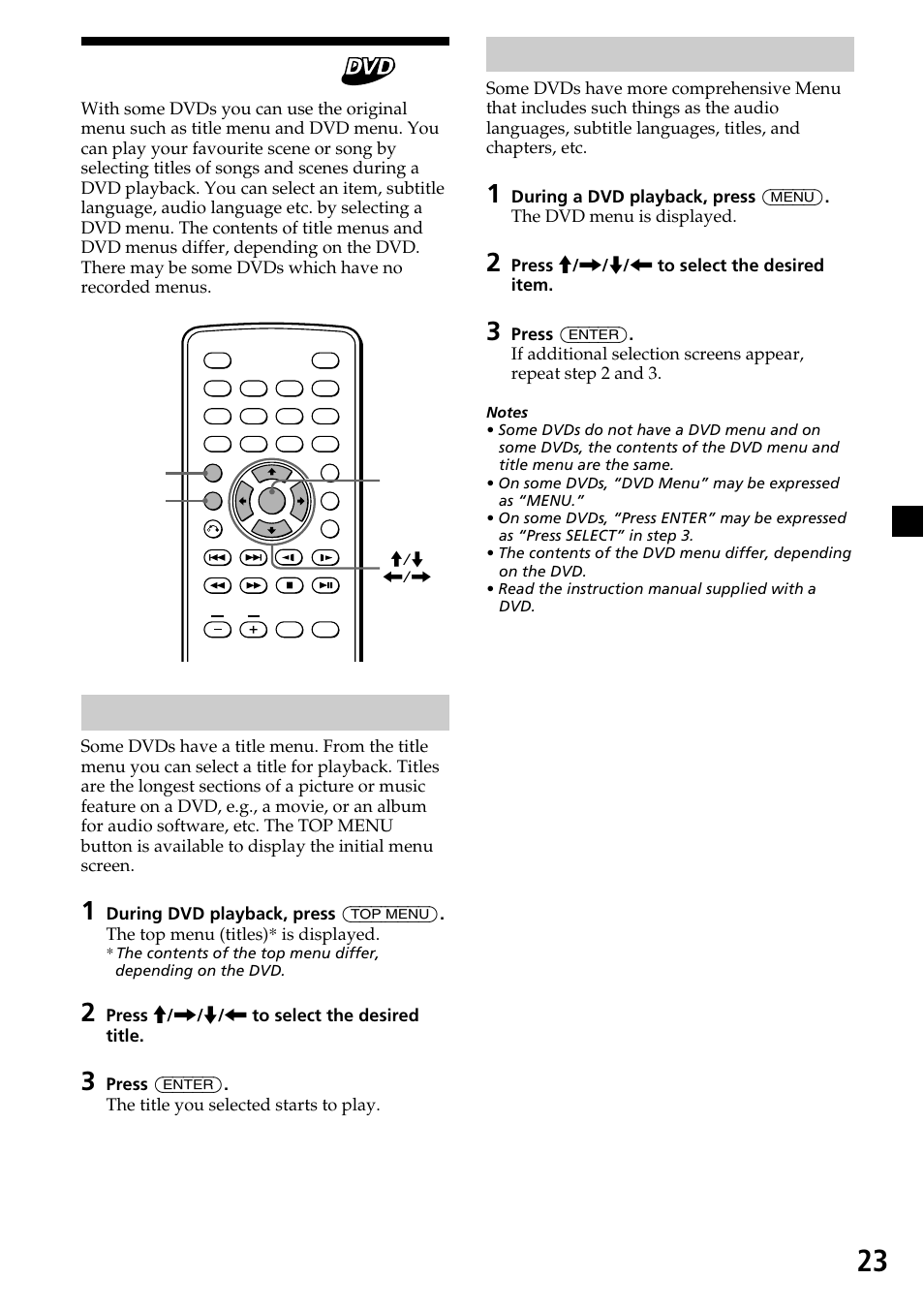 Using a dvd menu, Using the menu button, Using the top menu button | Sony XVM-R90D User Manual | Page 23 / 140