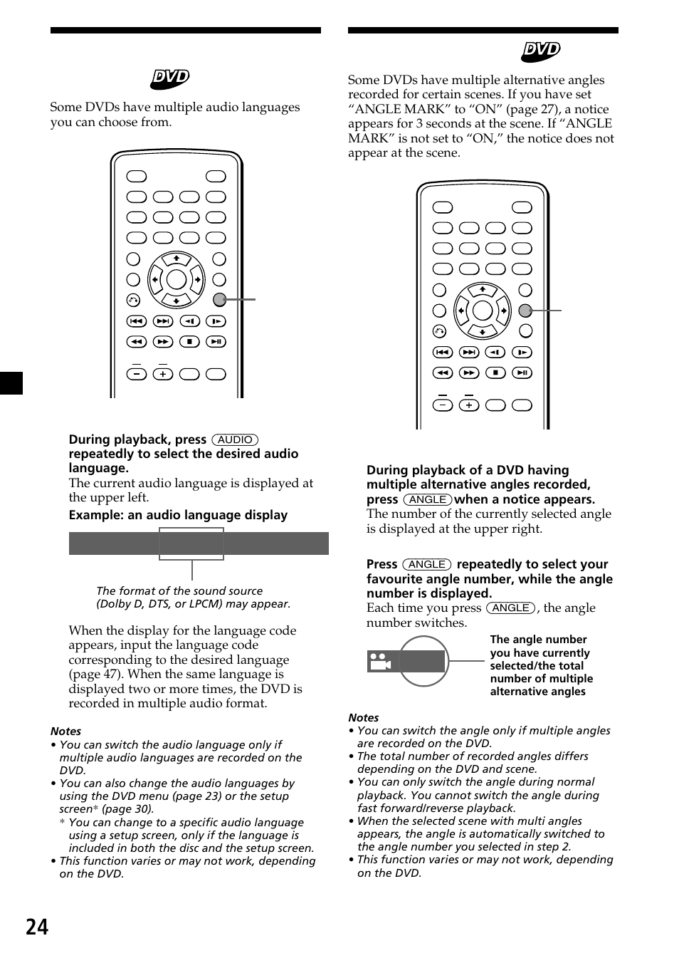 Changing the audio language, Changing angles, 24 changing angles | Audio 1/2: dolby d 5.1 english | Sony XVM-R90D User Manual | Page 24 / 140