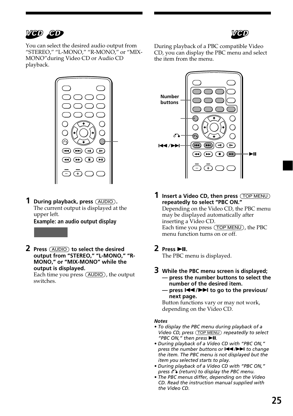 Changing the audio output, Using the pbc (playback control) function, 25 changing the audio output | Example: an audio output display, L - m o n o, Press u . the pbc menu is displayed | Sony XVM-R90D User Manual | Page 25 / 140