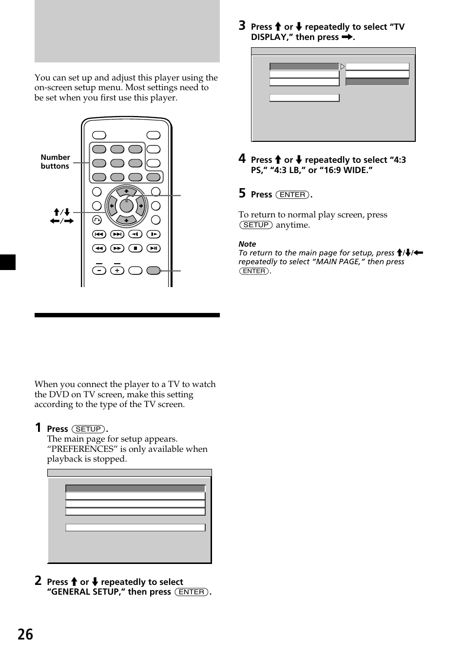 Changing setup, Setting the aspect ratio for the tv screen, Tv screen | Sony XVM-R90D User Manual | Page 26 / 140