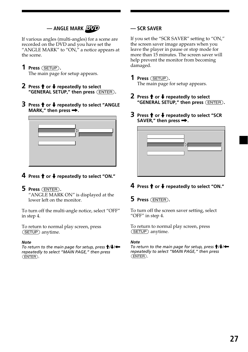 Displaying the multi-angle notice — angle mark, Setting the screen saver — scr saver, 27 setting the screen saver | Displaying the multi-angle notice | Sony XVM-R90D User Manual | Page 27 / 140