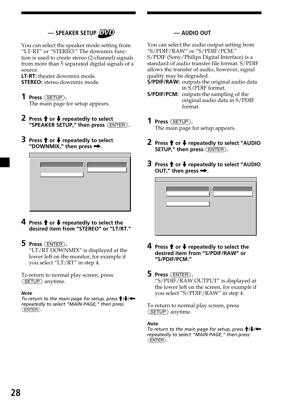 Selecting the speaker mode — speaker setup, Selecting the audio output mode — audio out, 28 selecting the speaker mode | Selecting the audio output mode | Sony XVM-R90D User Manual | Page 28 / 140